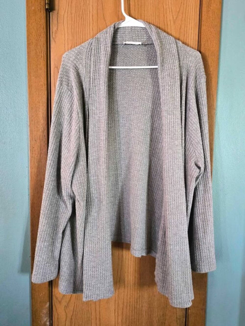 2X August Mist Gray with Brown Elbow Patches Open Cardigan Sweater